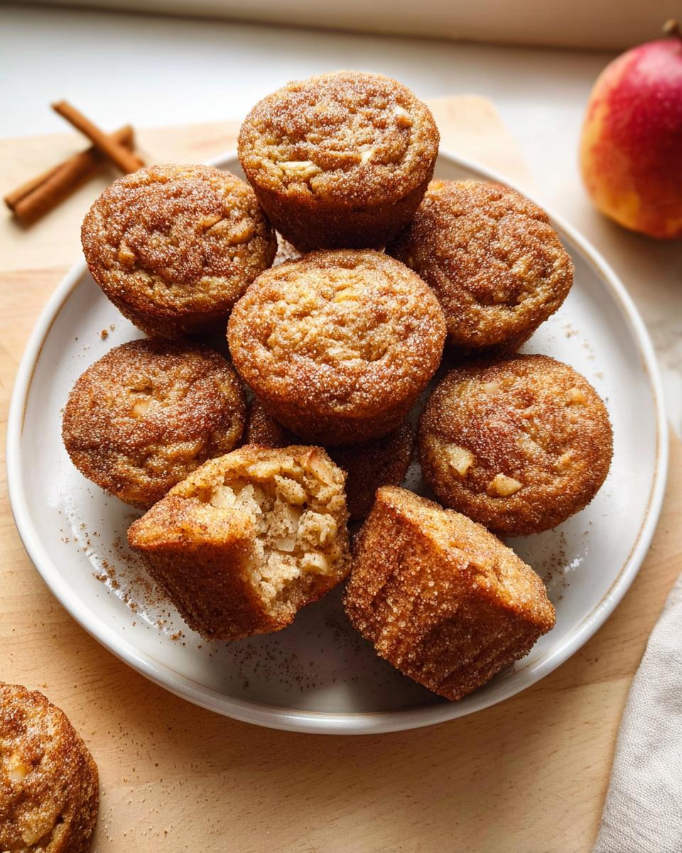 A stack of Apple Cinnamon Protein Muffin Bites coated in cinnamon sugar on a white plate, with one broken open.