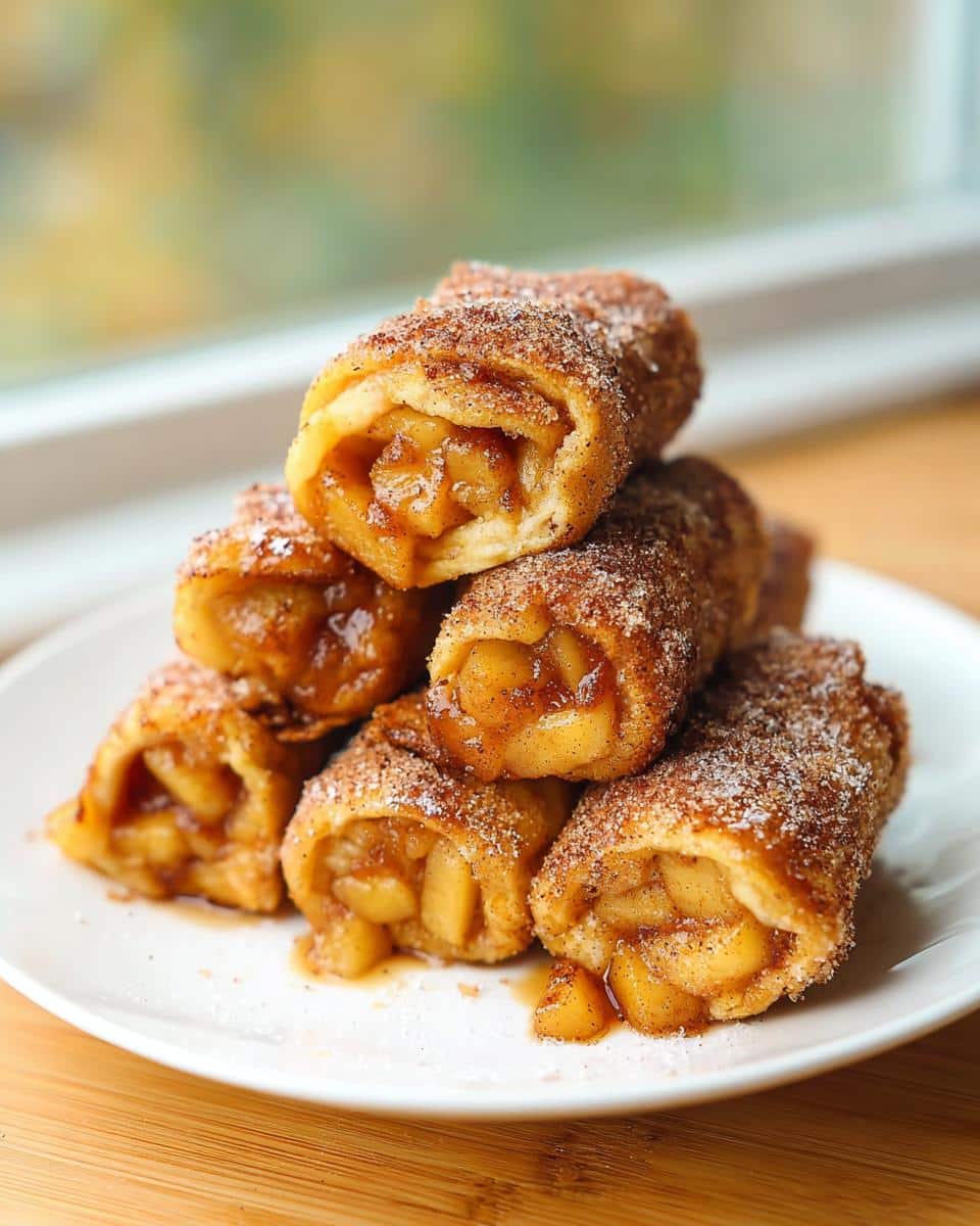 A stack of golden Apple Pie French Toast Rollups filled with spiced apples and coated in cinnamon sugar.