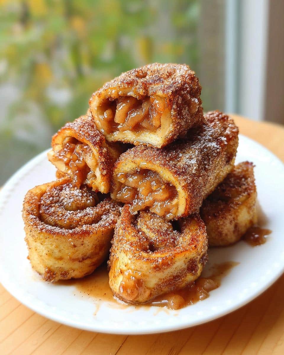 A stack of Apple Pie French Toast Rollups coated in cinnamon sugar, showing the gooey apple filling inside.