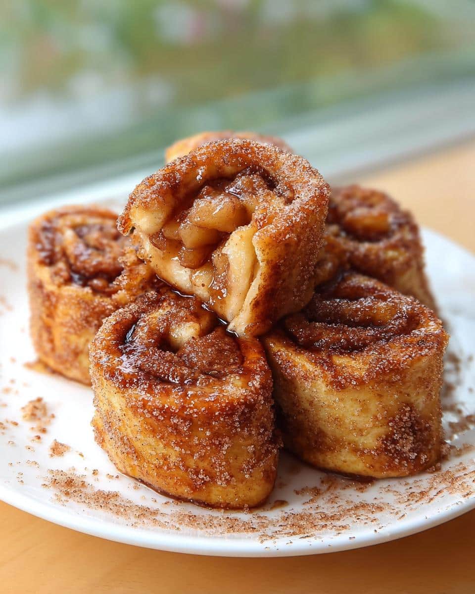 A stack of golden brown Apple Pie French Toast Rollups coated in cinnamon sugar, with filling visible.