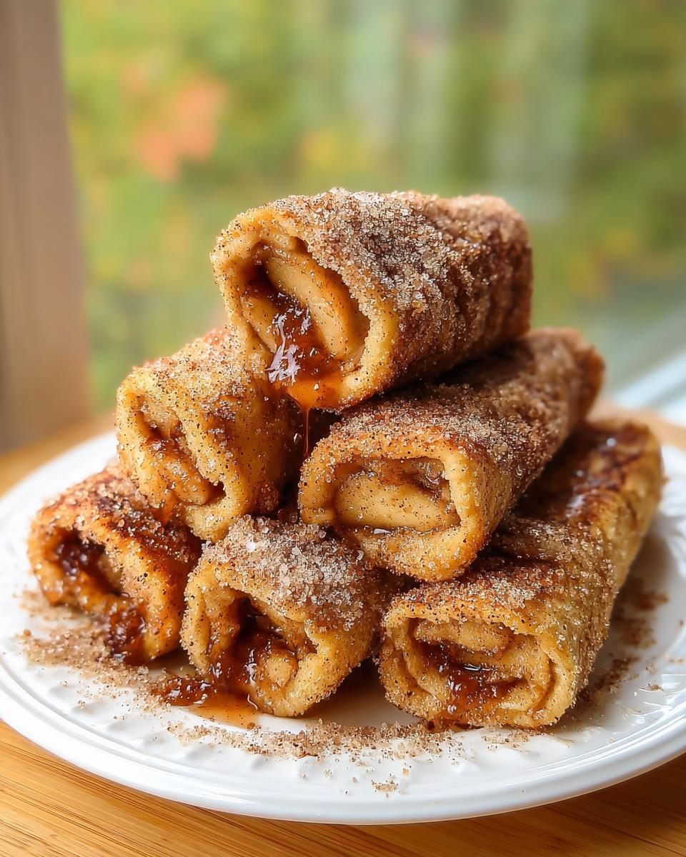 A stack of golden Apple Pie French Toast Rollups coated in cinnamon sugar, with gooey apple filling dripping out.