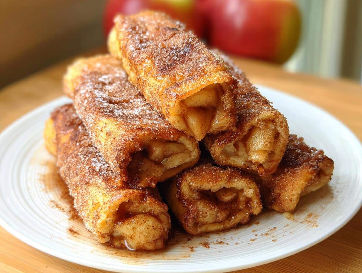 A stack of golden brown Apple Pie French Toast Rollups coated in cinnamon sugar on a white plate.