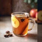 A steaming mug of Apple Pie Hot Toddy with apple slices, cinnamon sticks, and star anise.