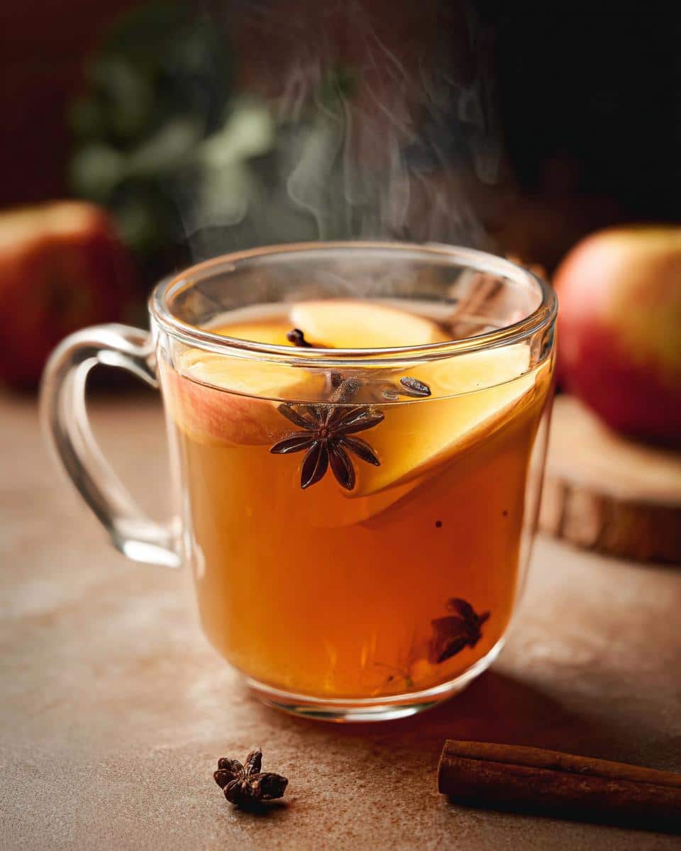 A steaming mug of Apple Pie Hot Toddy filled with apple slices, star anise, and cinnamon sticks.