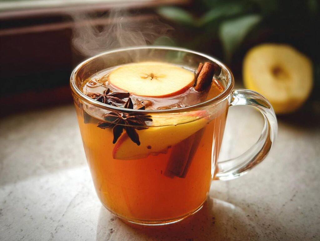 A steaming mug of Apple Pie Hot Toddy, garnished with apple slices, cinnamon sticks, and star anise.