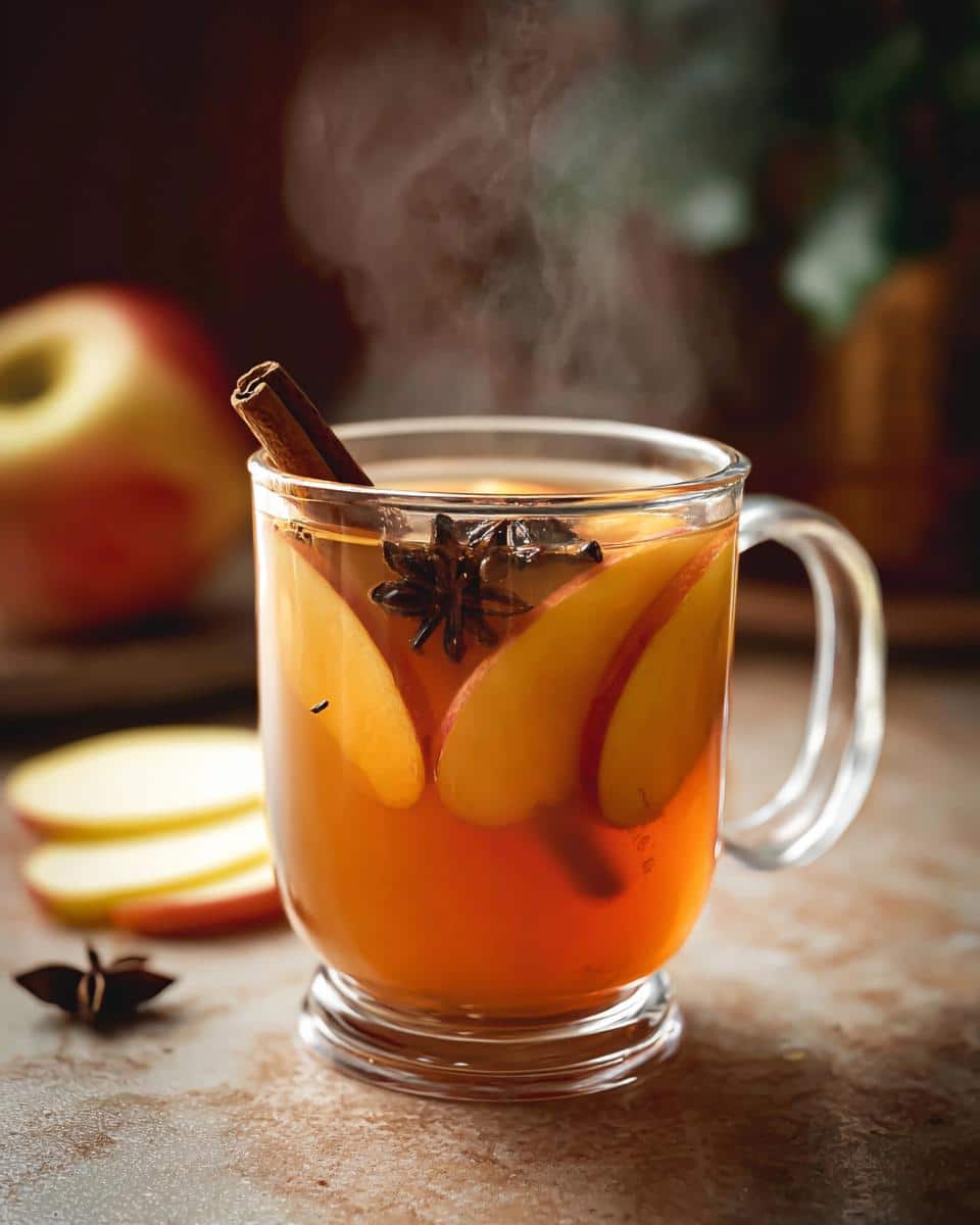 Close-up of a steaming Apple Pie Hot Toddy in a glass mug, garnished with apple slices, cinnamon stick, and star anise.
