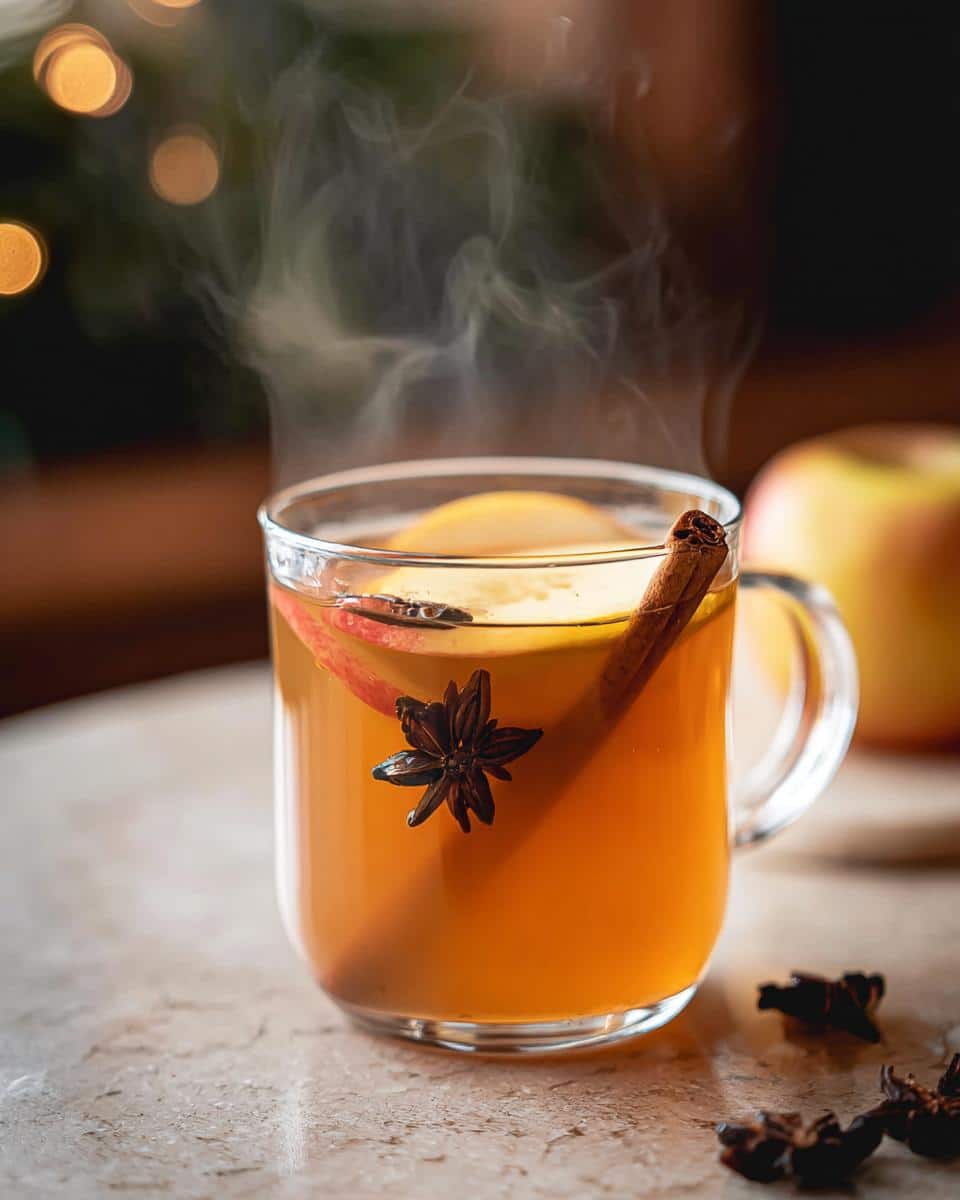 A steaming mug of Apple Pie Hot Toddy with apple slices, cinnamon stick, and star anise.