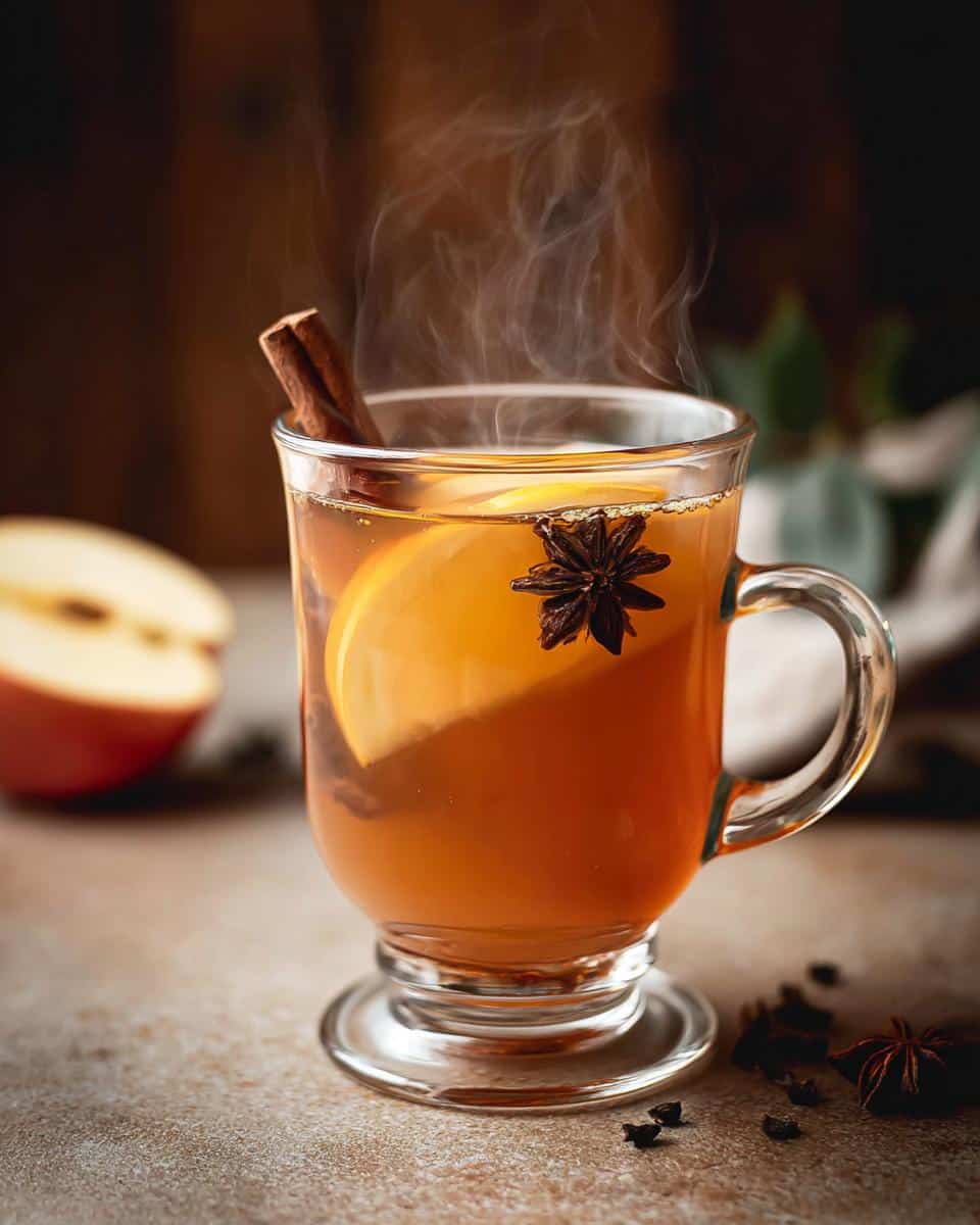 A steaming Apple Pie Hot Toddy in a glass mug, garnished with a cinnamon stick, orange slice, and star anise.