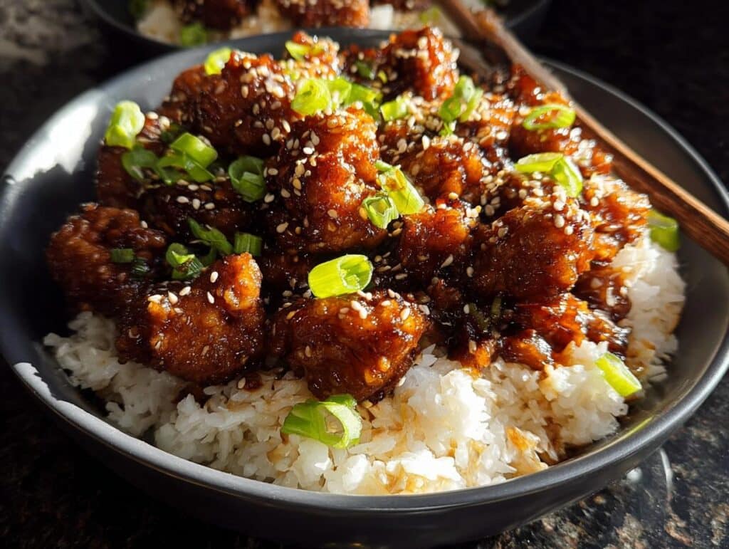 A bowl of fluffy white rice topped with crispy Asian Sesame Air Fryer Chicken, garnished with sesame seeds and green onions.