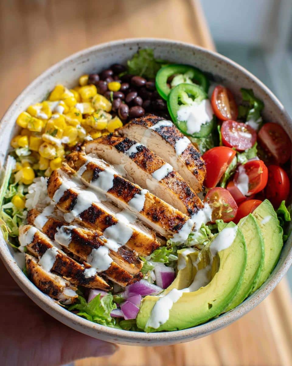 A delicious Avocado Chicken Burrito Bowl filled with grilled chicken, avocado, corn, black beans, tomatoes, and jalapeños.