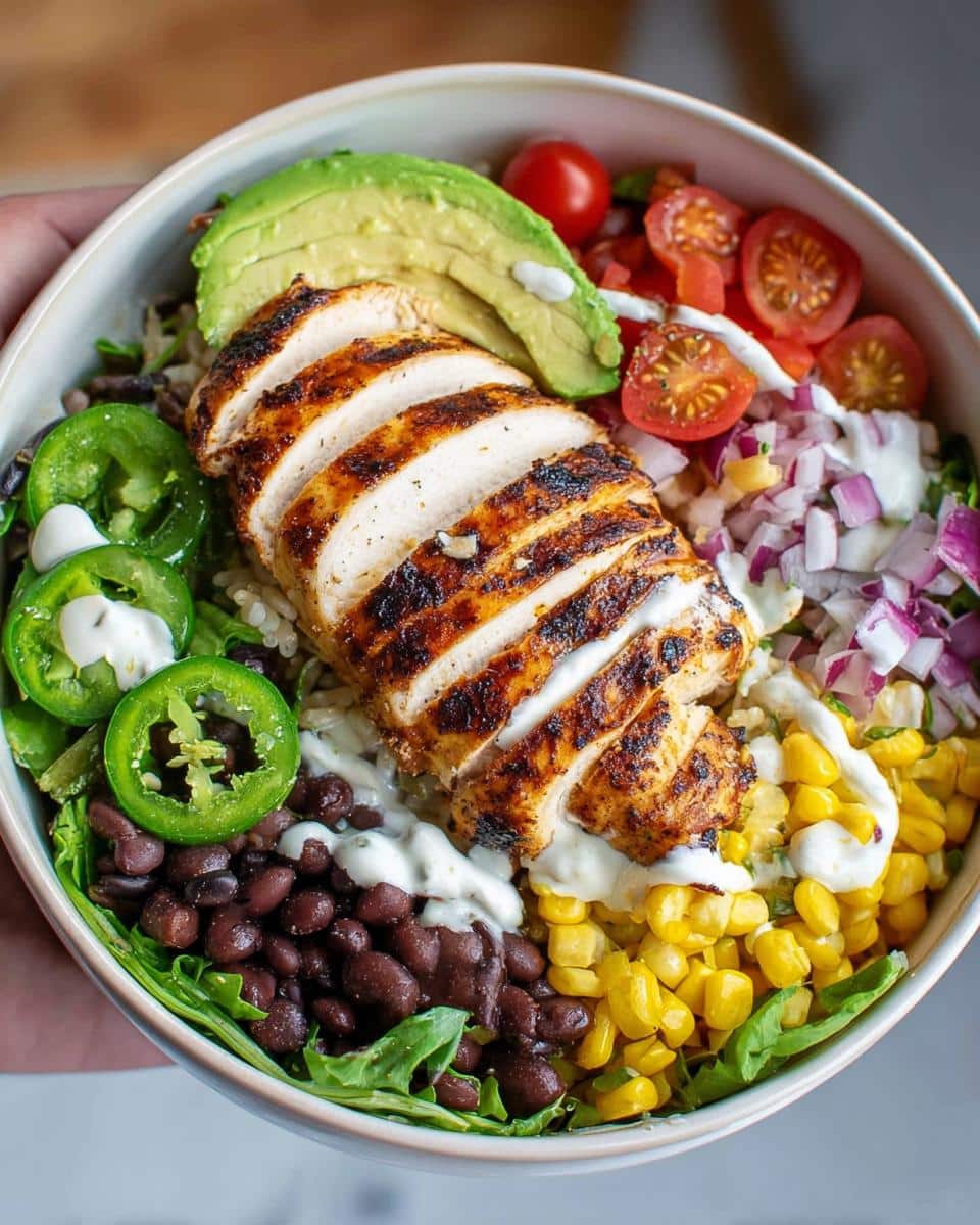 A close-up of a vibrant Avocado Chicken Burrito Bowl, featuring grilled chicken, avocado slices, black beans, corn, and jalapeños.