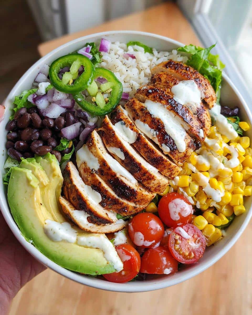 A vibrant Avocado Chicken Burrito Bowl filled with sliced grilled chicken, rice, black beans, corn, avocado, tomatoes, and jalapeños.