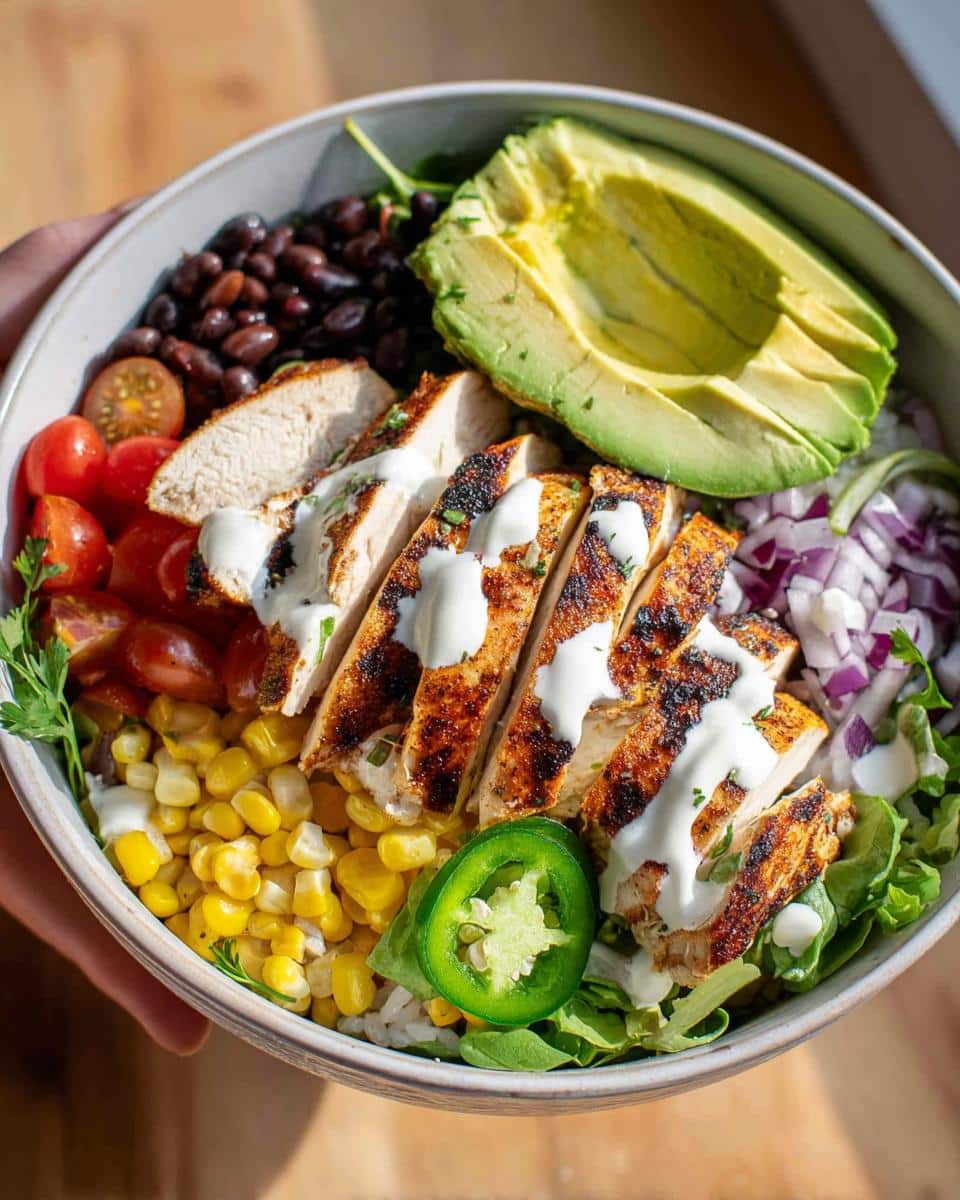 A vibrant Avocado Chicken Burrito Bowl filled with grilled chicken, avocado, black beans, corn, tomatoes, and jalapeño.