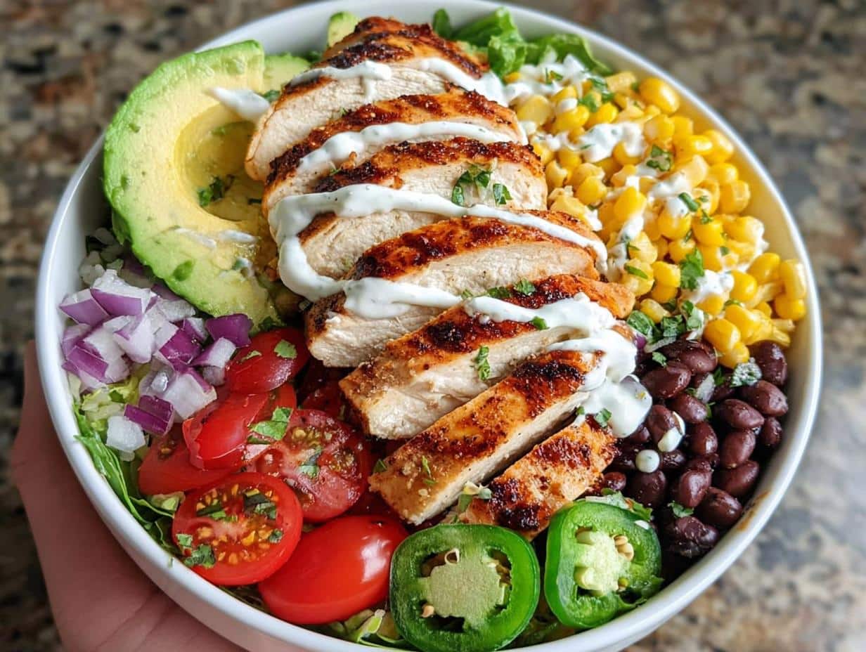A vibrant Avocado Chicken Burrito Bowl filled with grilled chicken, avocado slices, corn, black beans, tomatoes, and jalapeños.