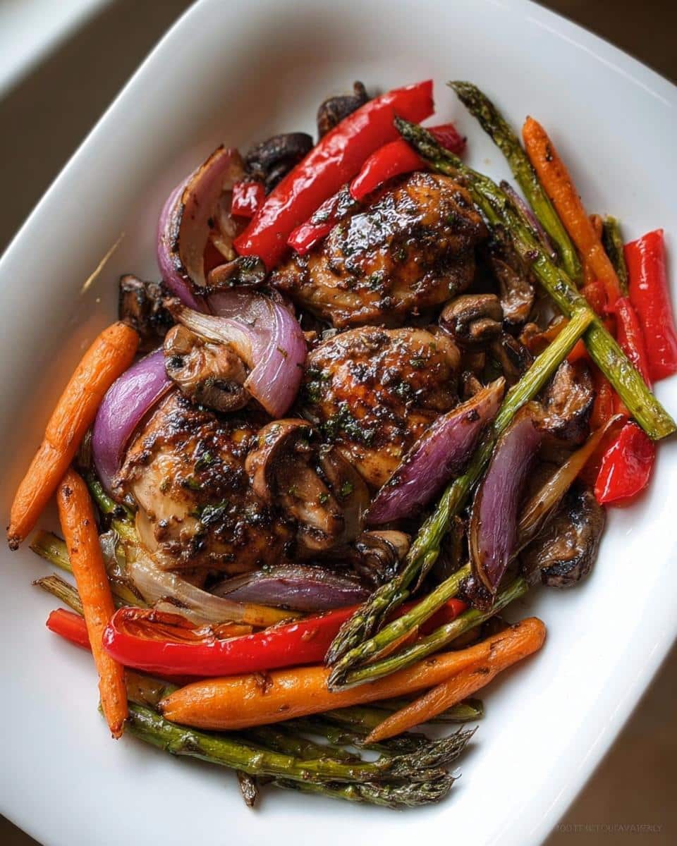 A white bowl filled with glistening Balsamic Chicken with Roasted Veggies, including asparagus, carrots, red peppers, red onion, and mushrooms.