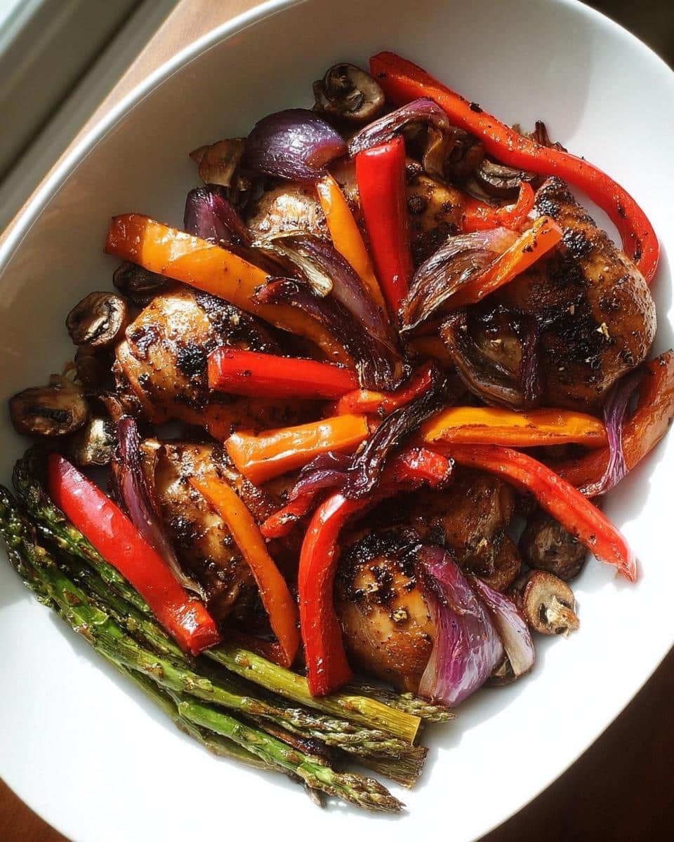 A white bowl filled with Balsamic Chicken with Roasted Veggies, including asparagus, bell peppers, red onion, and mushrooms.