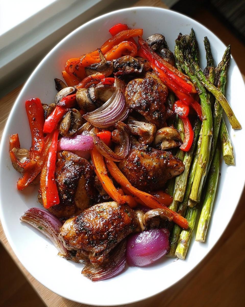 A white bowl filled with Balsamic Chicken with Roasted Veggies, including chicken pieces, asparagus, bell peppers, red onion, and mushrooms.