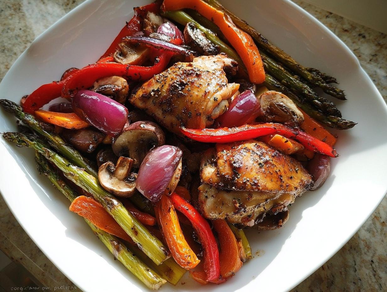 A plate of Balsamic Chicken with Roasted Veggies, including chicken thighs, asparagus, red peppers, onions, and mushrooms.