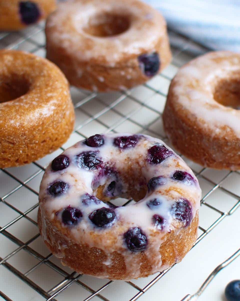 Close-up of a glazed Banana Blueberry Donut topped with fresh blueberries, resting on a wire cooling rack.