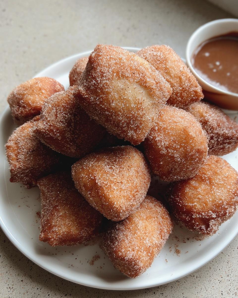 A pile of freshly fried Banana Bread Donut Holes coated in cinnamon sugar on a white plate.