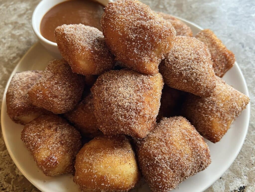 A pile of golden brown Banana Bread Donut Holes coated heavily in cinnamon sugar, served with a side of dipping sauce.
