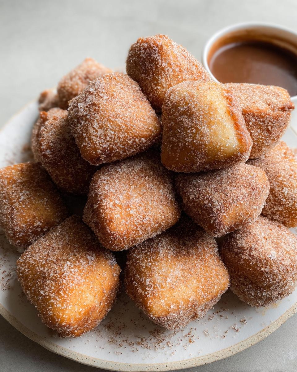 A pile of golden brown Banana Bread Donut Holes coated in cinnamon sugar, served with a side of chocolate dipping sauce.