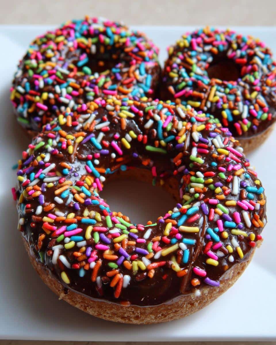 Three Banana Chocolate Chip Sprinkle Donuts covered in thick chocolate glaze and rainbow sprinkles on a white plate.