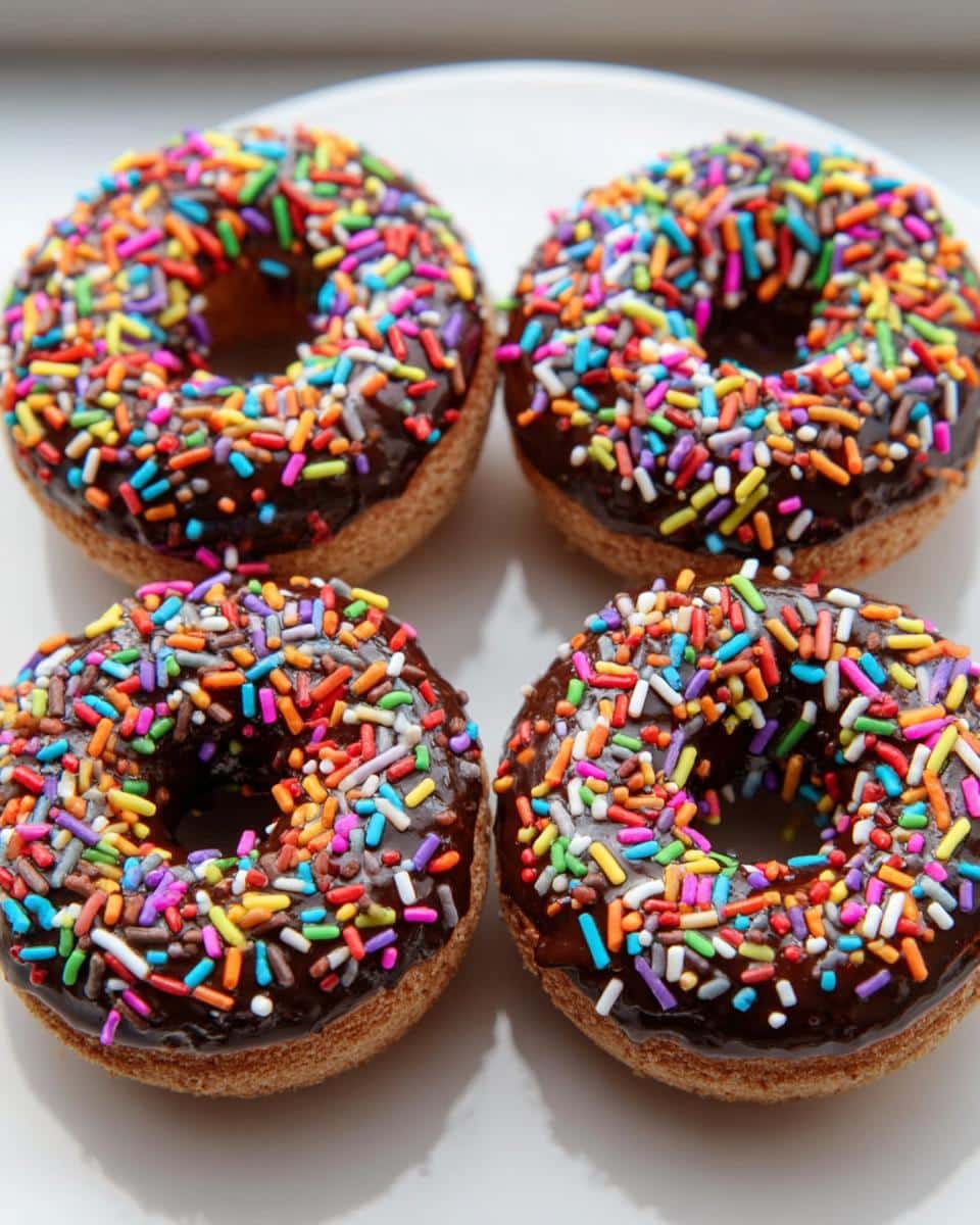 Four freshly baked Banana Chocolate Chip Sprinkle Donuts topped with rich chocolate glaze and colorful rainbow sprinkles.