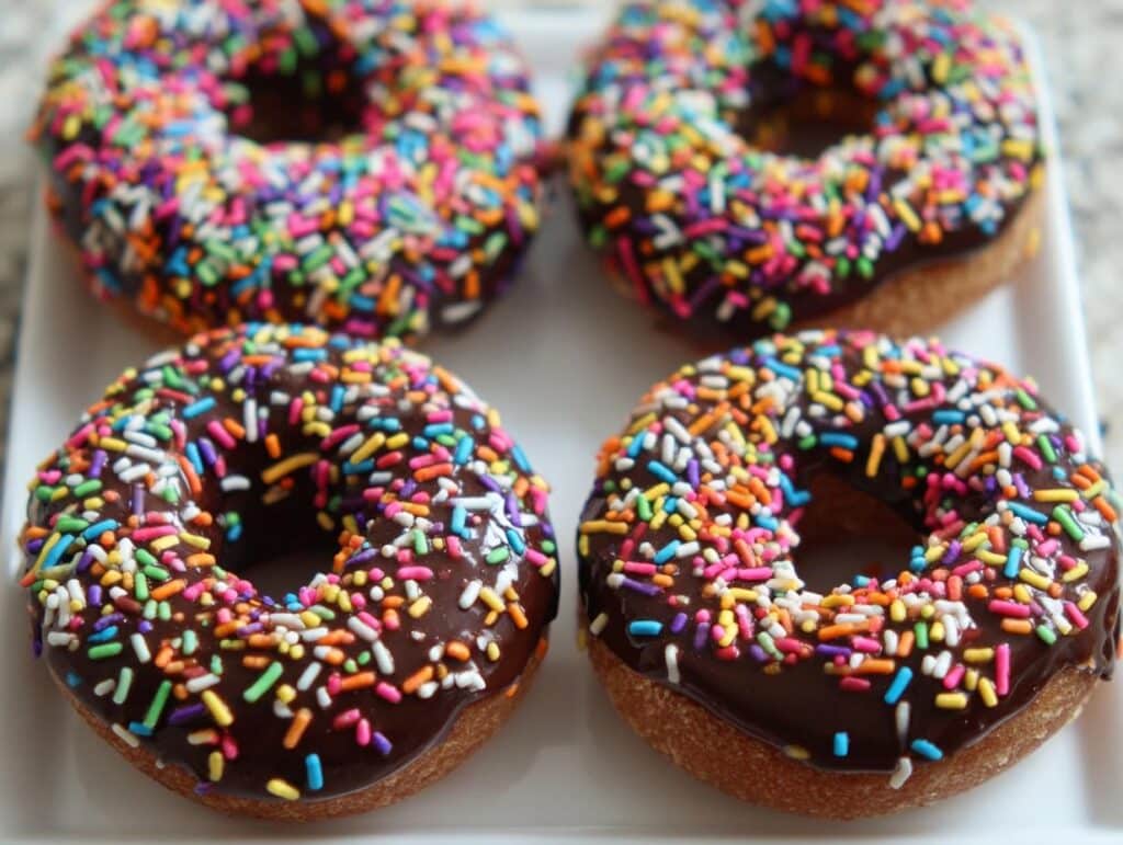 Four delicious Banana Chocolate Chip Sprinkle Donuts topped with rich chocolate glaze and colorful rainbow sprinkles.