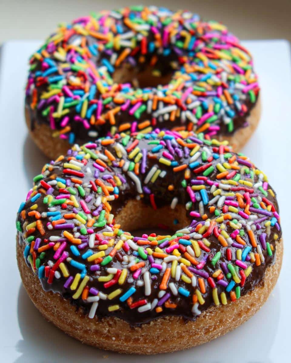 Two delicious Banana Chocolate Chip Sprinkle Donuts topped with rich chocolate glaze and rainbow sprinkles.