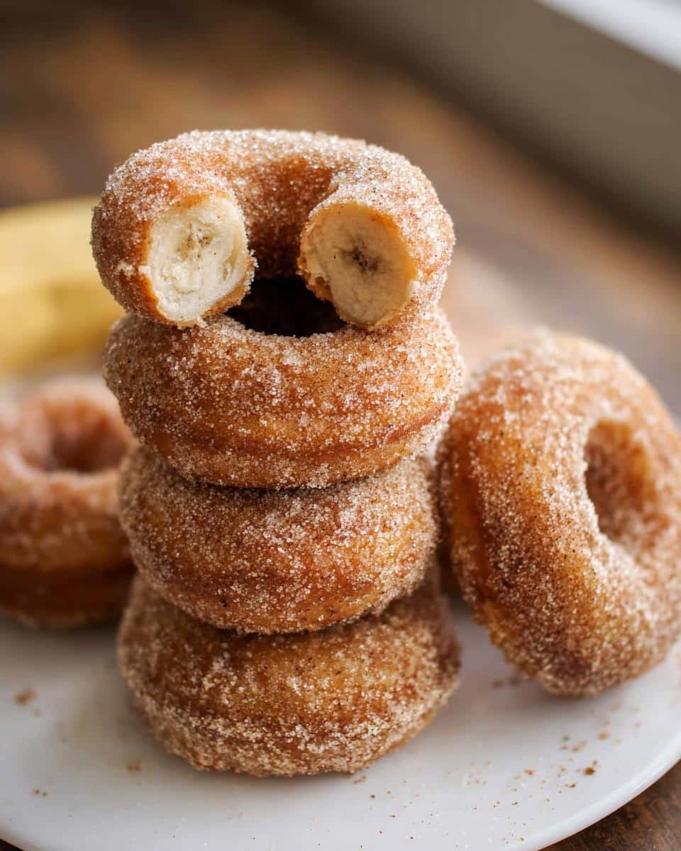 A stack of four Banana Cinnamon Mini Donuts coated in sugar, with the top one broken open showing the soft banana interior.
