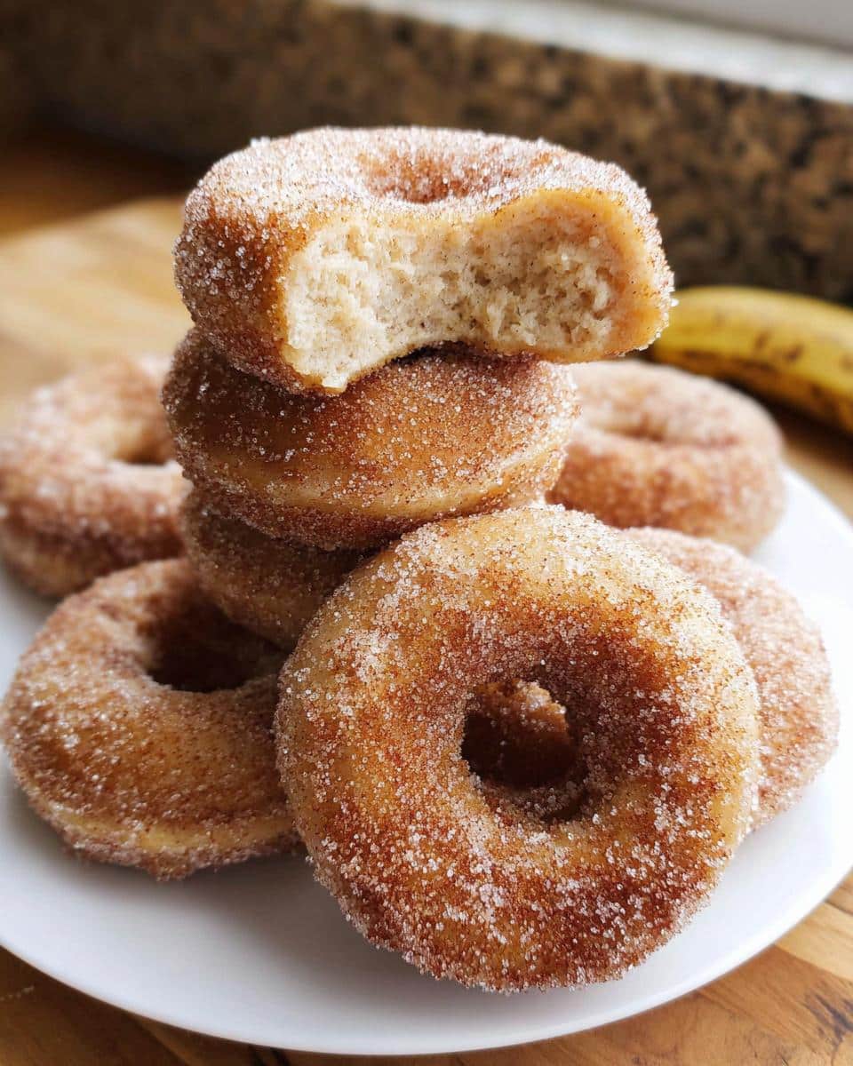 A stack of delicious Banana Cinnamon Mini Donuts coated in cinnamon sugar, with one on top having a bite taken out.