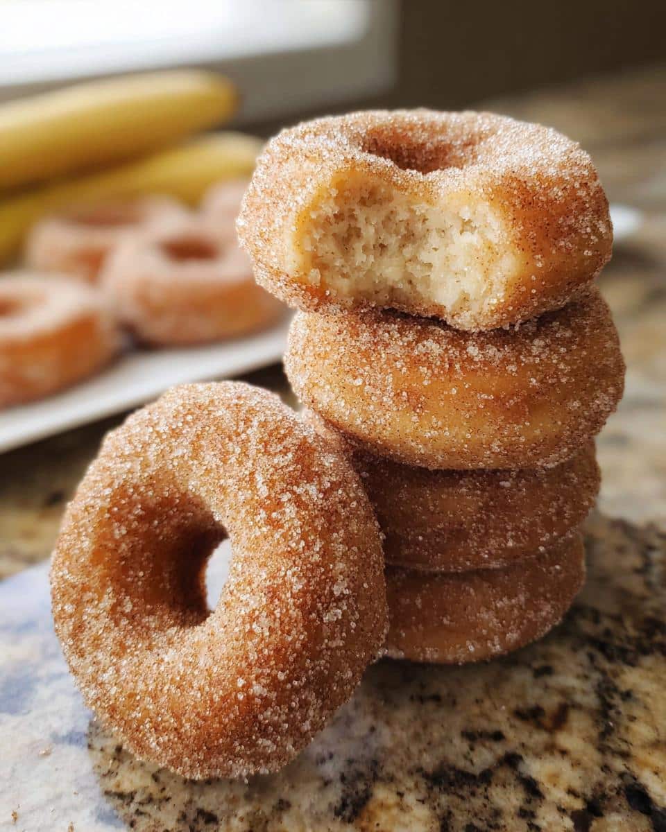 A stack of four sugary Banana Cinnamon Mini Donuts, with the top one having a bite taken out showing the soft interior.