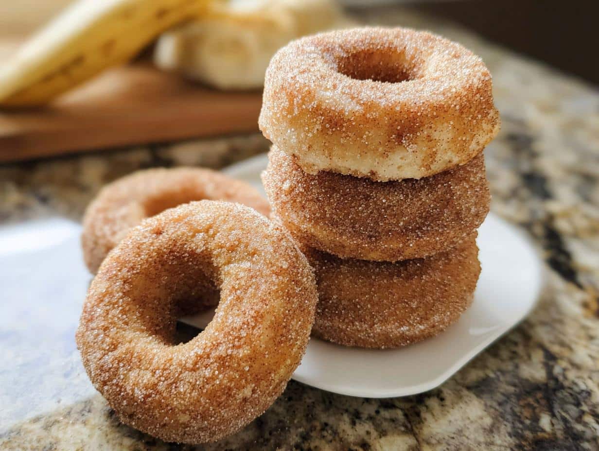 Close-up of a stack of delicious Banana Cinnamon Mini Donuts coated heavily in cinnamon sugar.