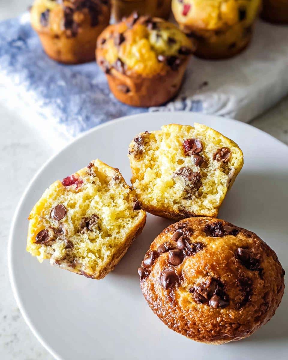 Close-up of Banana Pancake Mix Muffins, one whole and one cut open showing chocolate chips inside.
