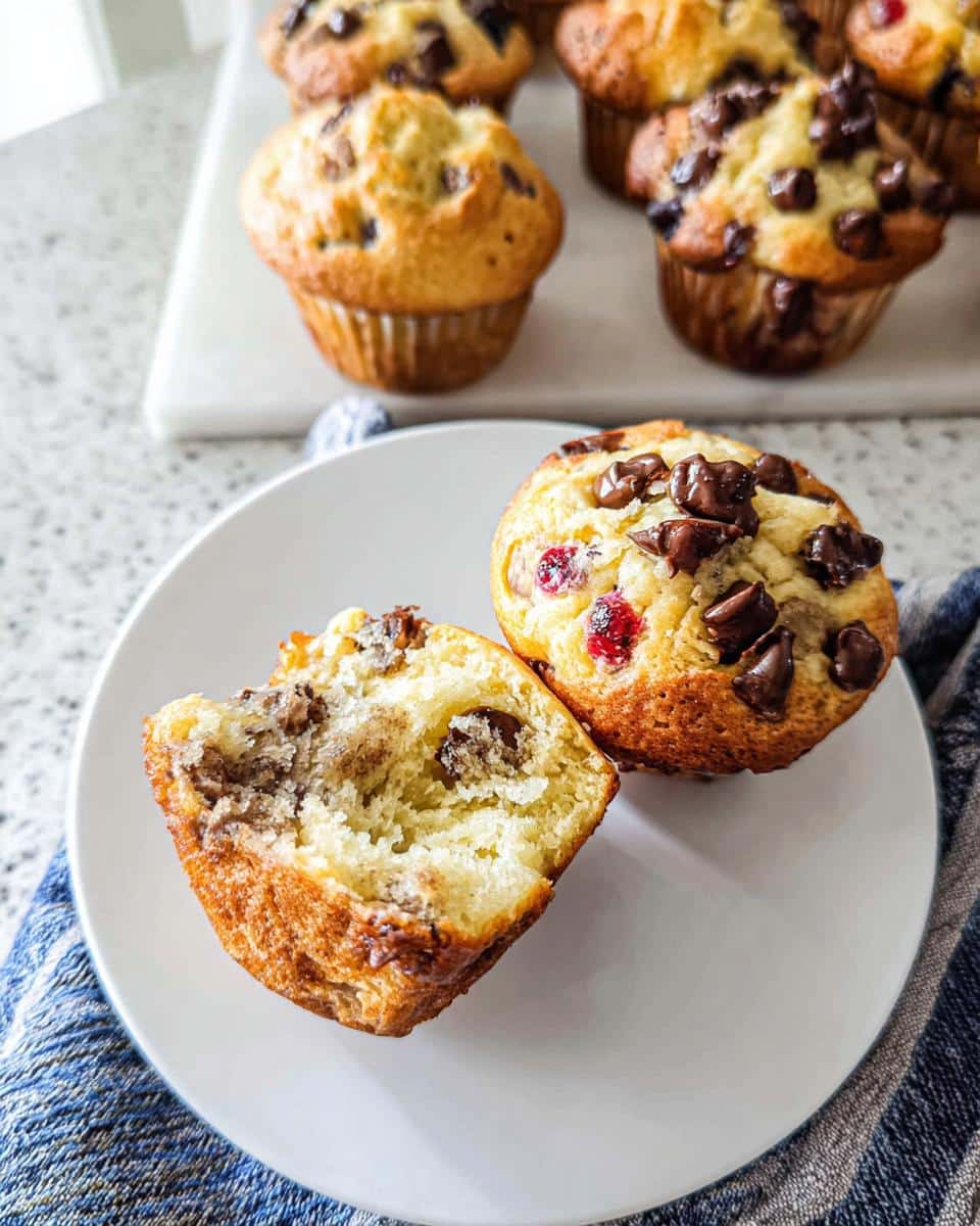 Close-up of Banana Pancake Mix Muffins, one cut in half showing the soft interior and chocolate chips.