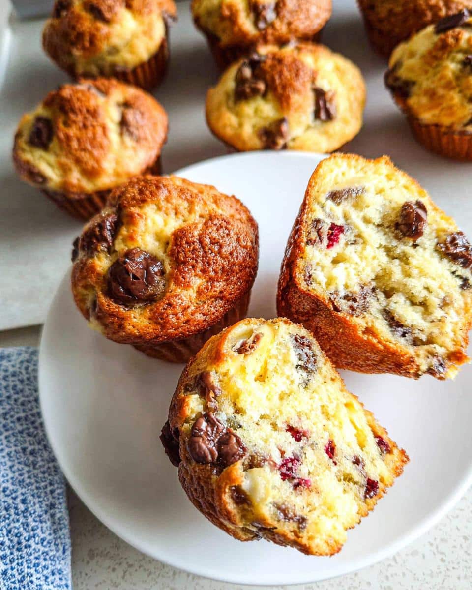 Close-up of Banana Pancake Mix Muffins, one cut open showing chocolate chips and soft interior.
