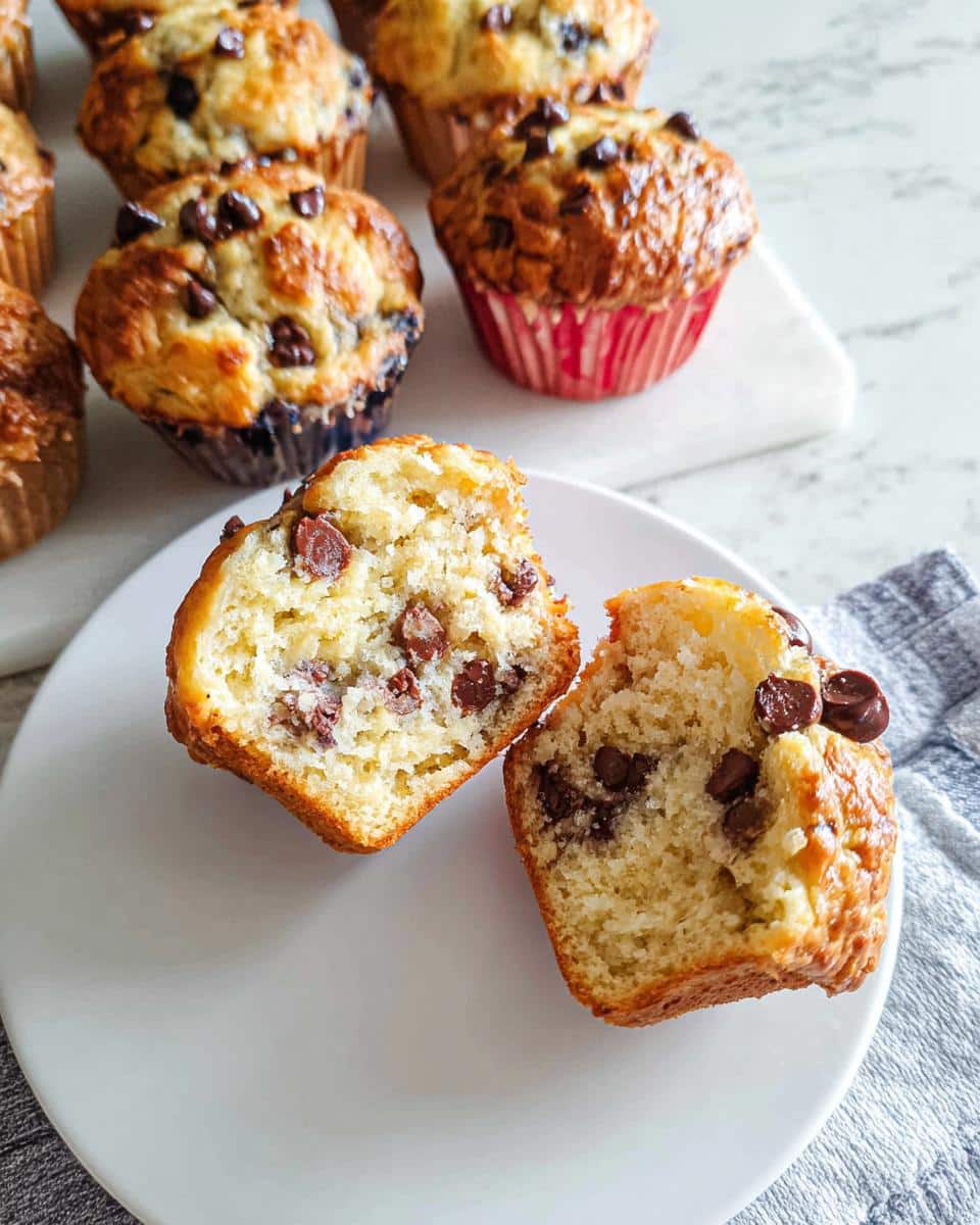 A Banana Pancake Mix Muffin cut in half showing the soft, fluffy interior packed with chocolate chips.