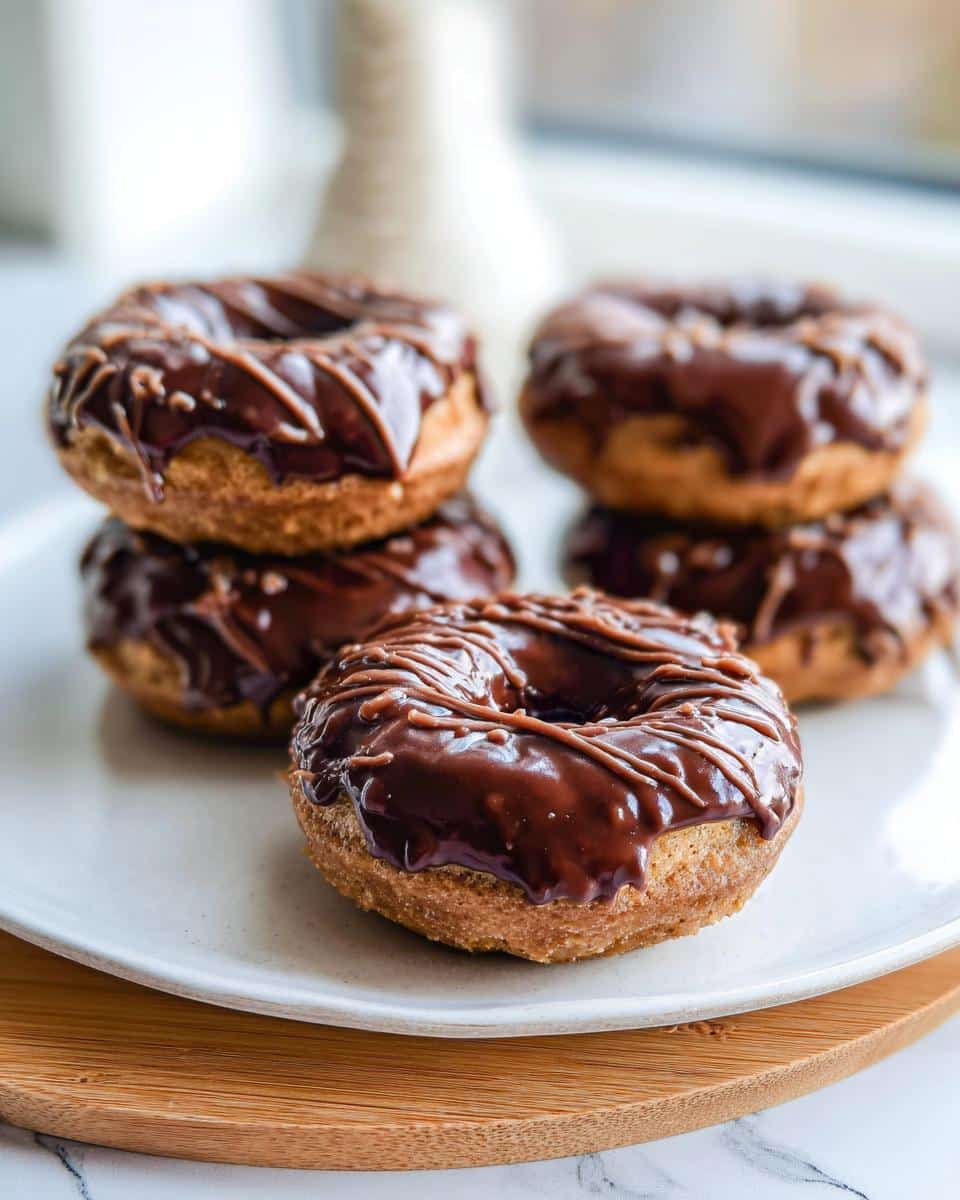 A stack of delicious Banana Peanut Butter Donuts topped with thick chocolate glaze and drizzle.