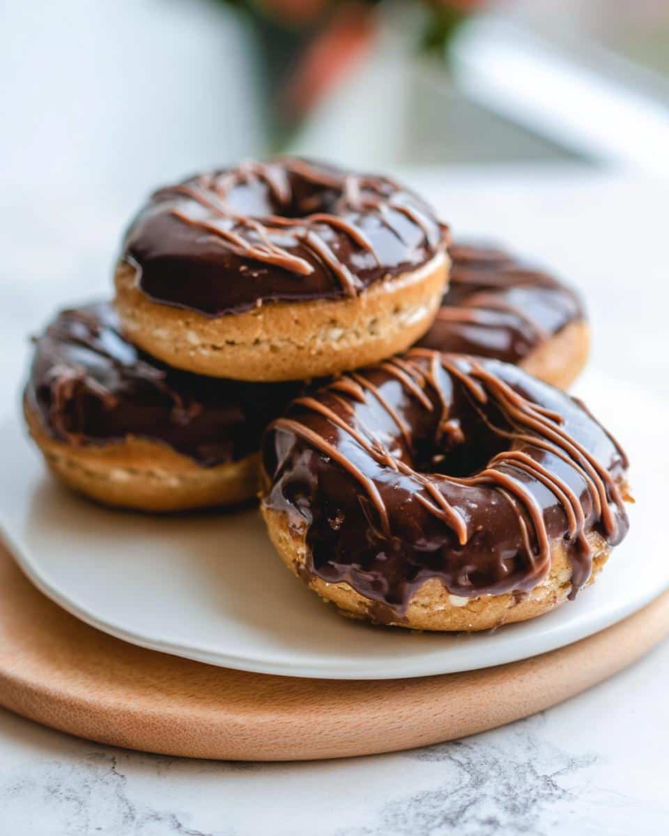 A stack of four homemade Banana Peanut Butter Donuts topped with thick chocolate glaze and drizzle.