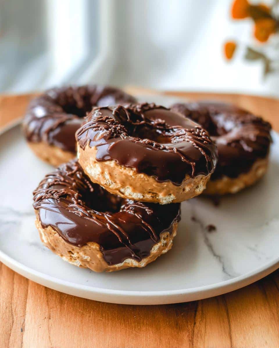 A stack of four delicious Banana Peanut Butter Donuts topped with peanut butter glaze and rich chocolate icing.