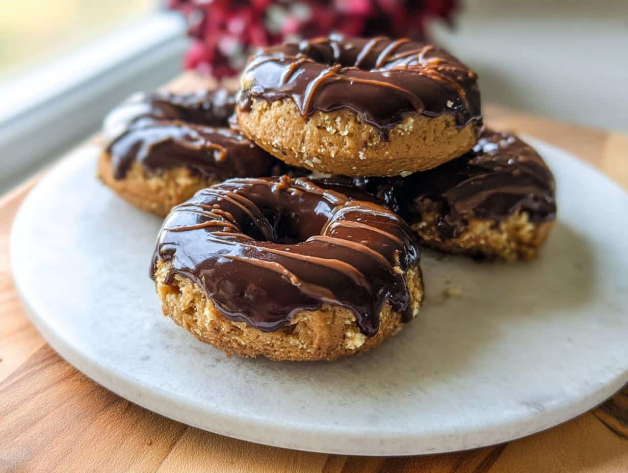 A stack of baked Banana Peanut Butter Donuts topped with thick, glossy chocolate glaze.
