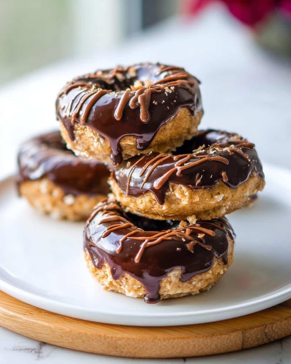 A stack of four baked Banana Peanut Butter Donuts topped with thick chocolate glaze and drizzle.