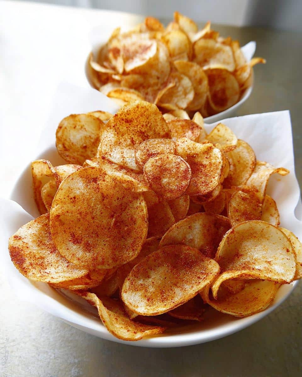 Two white bowls filled with crispy, thinly sliced BBQ flavored homemade chips dusted generously with seasoning.