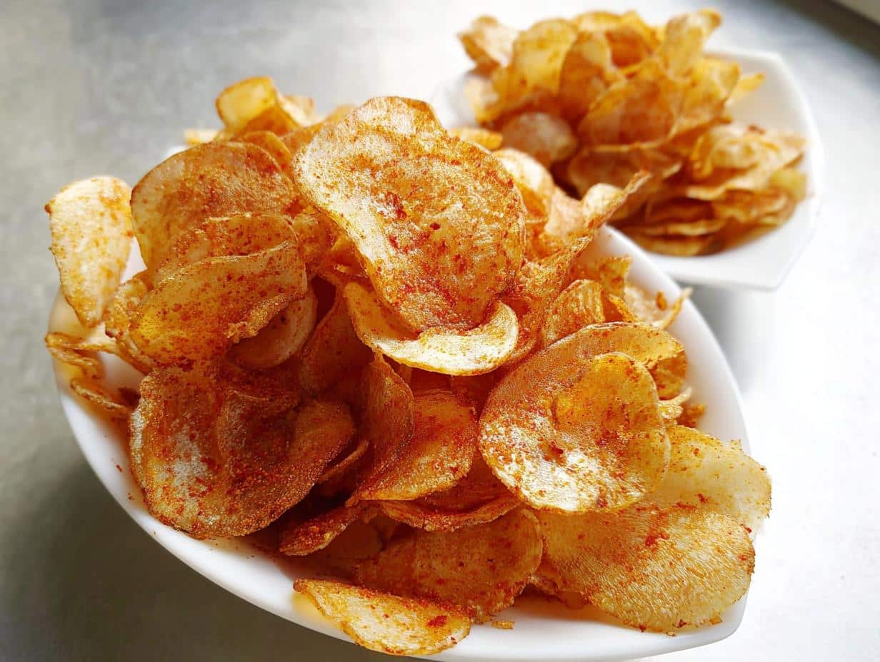 A close-up of crispy, thinly sliced BBQ Flavored Homemade Chips generously seasoned with red spices, served in a white bowl.