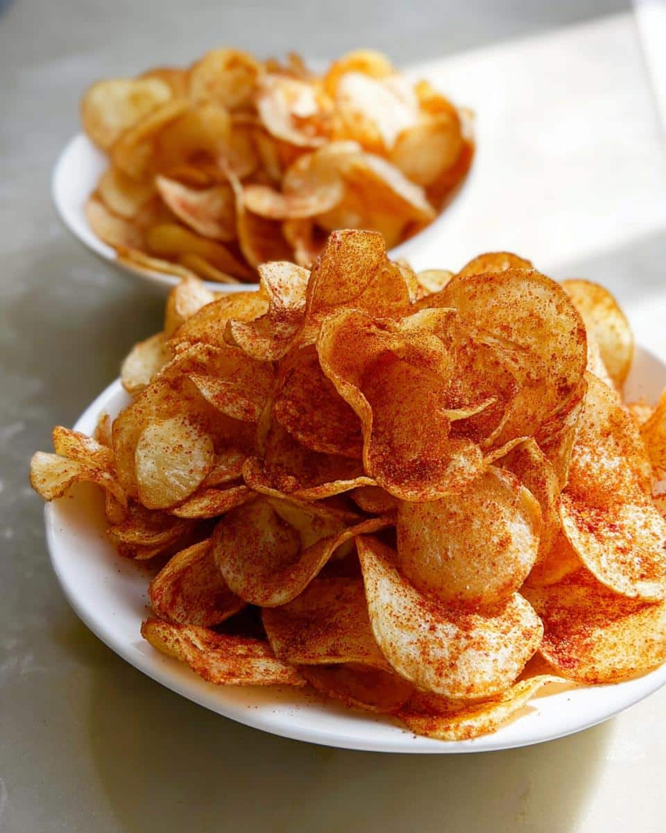 A close-up of crispy, thinly sliced potato chips generously seasoned for BBQ Flavored Homemade Chips, piled high on a white plate.