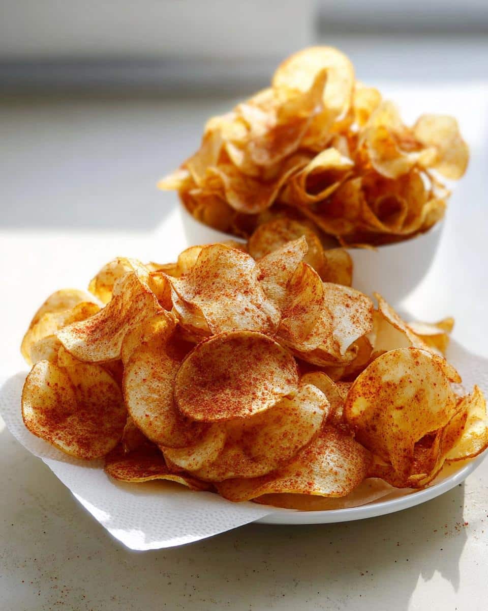 A generous serving of crispy, homemade BBQ Flavored Homemade Chips piled on a white plate and in a bowl.