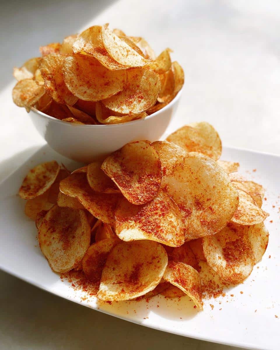 A close-up of crispy homemade BBQ Flavored Homemade Chips dusted heavily with red seasoning, served on a white plate and in a bowl.