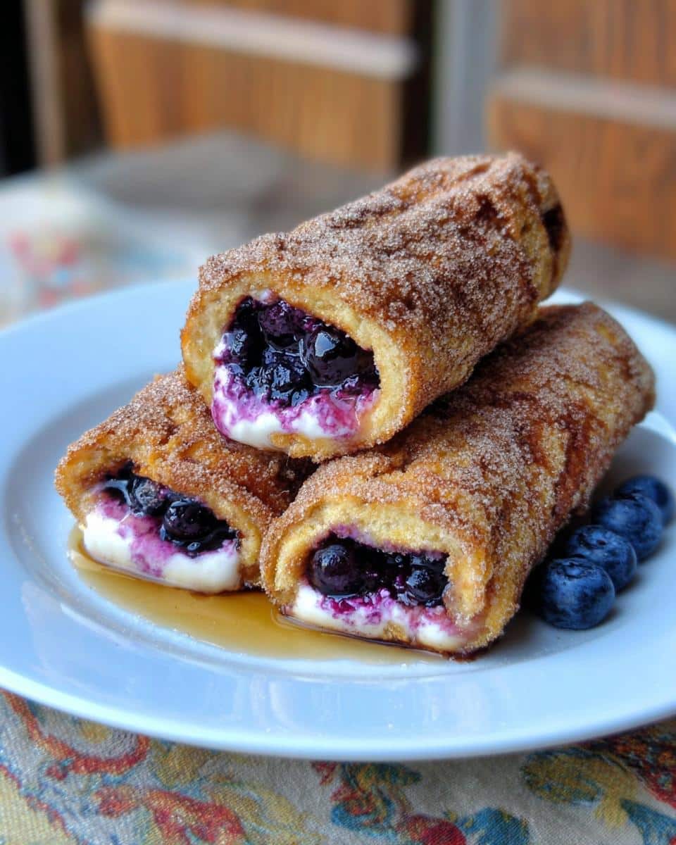 Three Golden-brown Blueberry Cream Cheese French Toast Roll-Ups stacked on a white plate with syrup and fresh blueberries.
