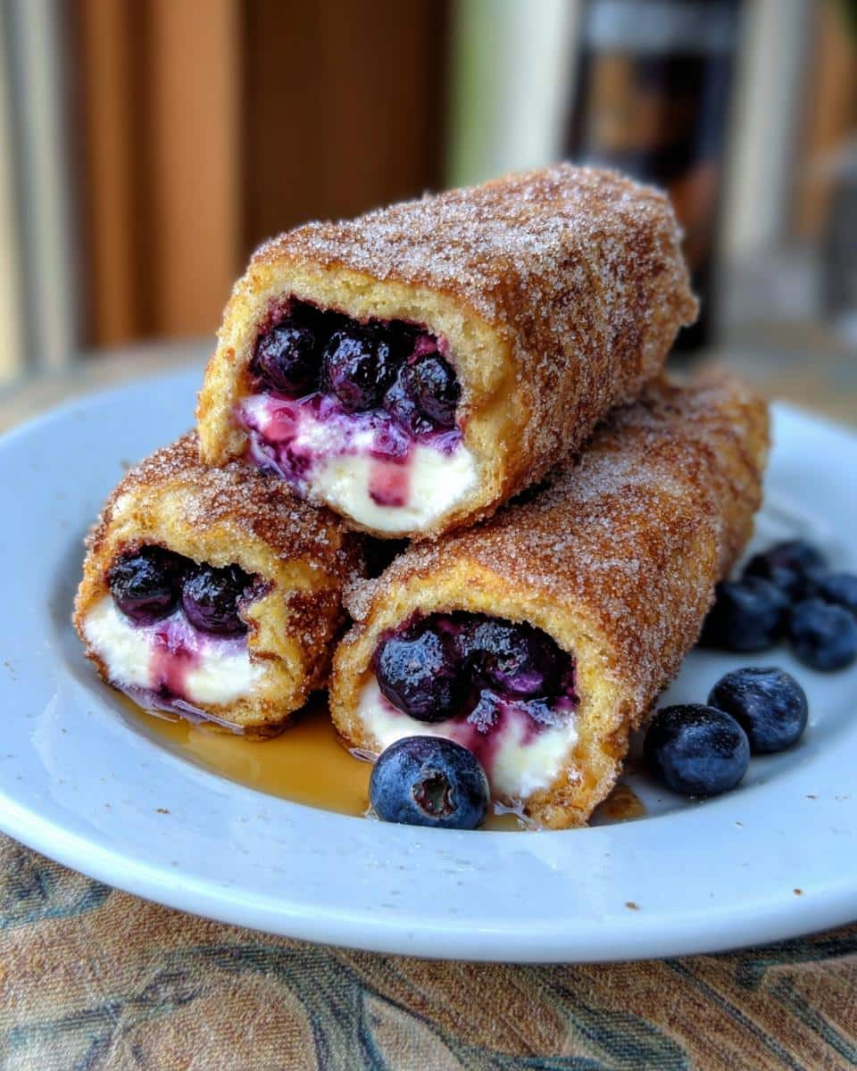 Three Blueberry Cream Cheese French Toast Roll-Ups dusted with cinnamon sugar, showing creamy filling and blueberries.